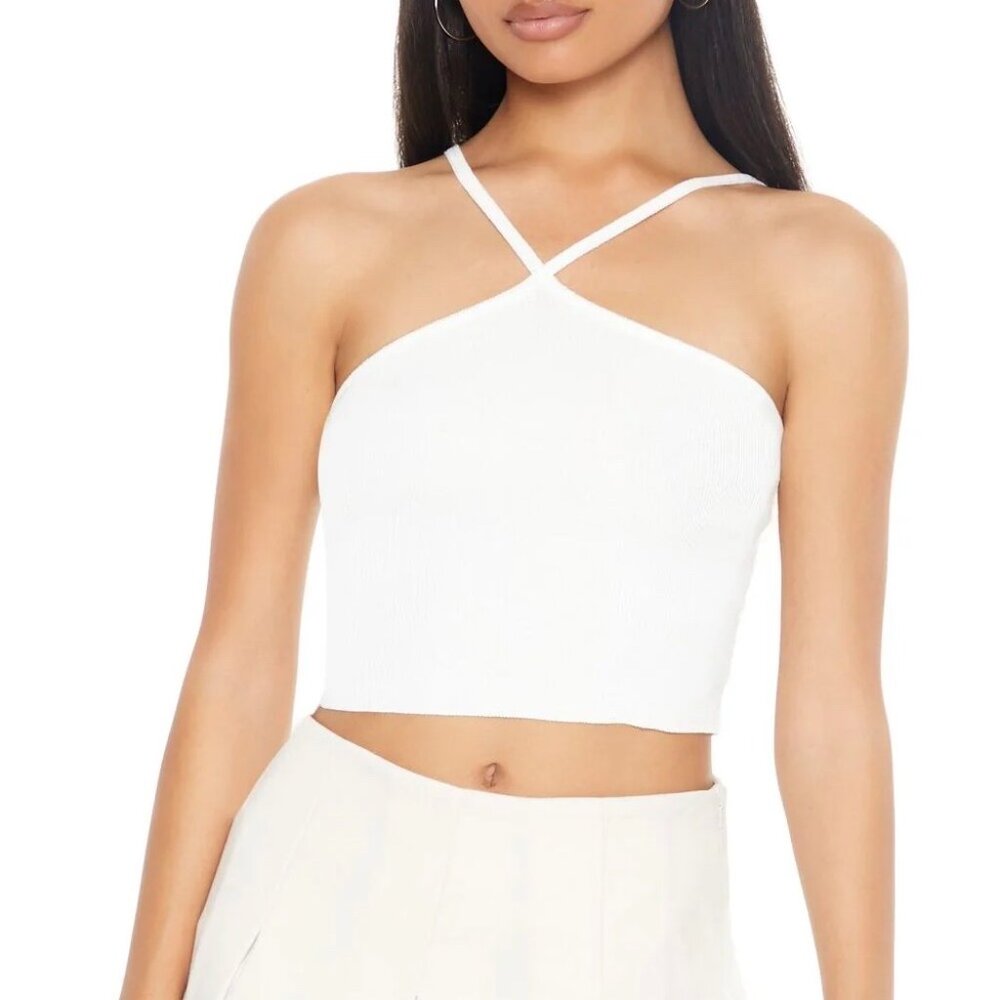 Forever 21 White Criss Cross Halter Top NWT Large Ribbed Stretchy Cropped Summer